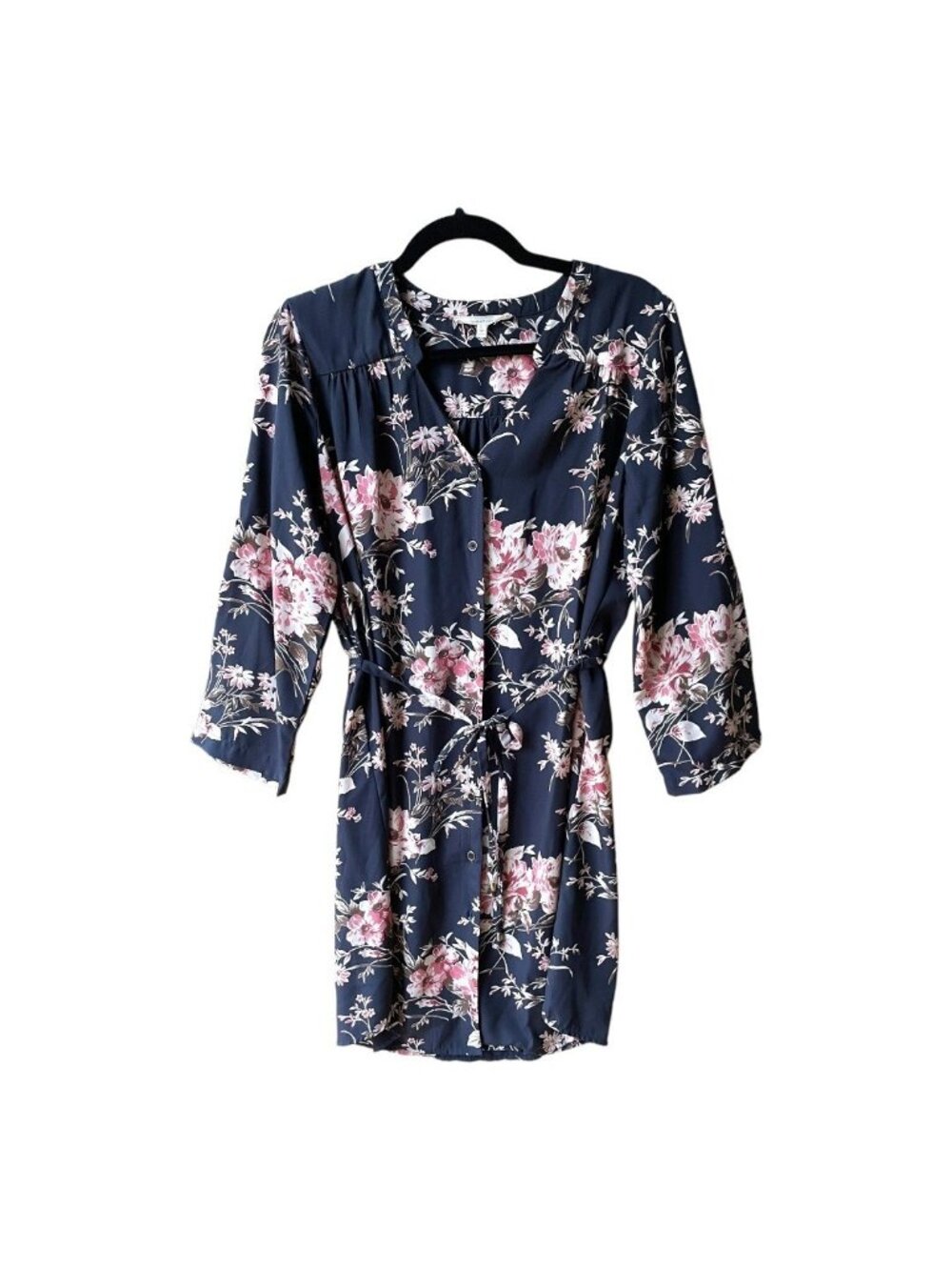 41 Hawthorn Size L Blue Floral Roll-Tab Sleeve Button-Front Knee Length Dress